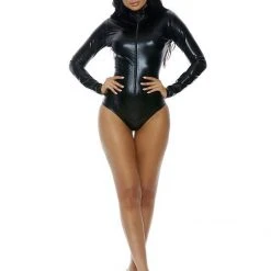 Forplay Sexy Black Wetlook Vinyl Leather Long Sleeve Zipper Bodycon Bodysuit