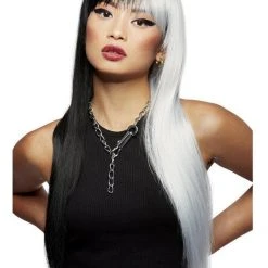 SMIFFYS Manic Panic Long Straight Black & White Split Dye Style Wig Wigs