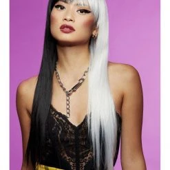 SMIFFYS Manic Panic Long Straight Black & White Split Dye Style Wig Wigs