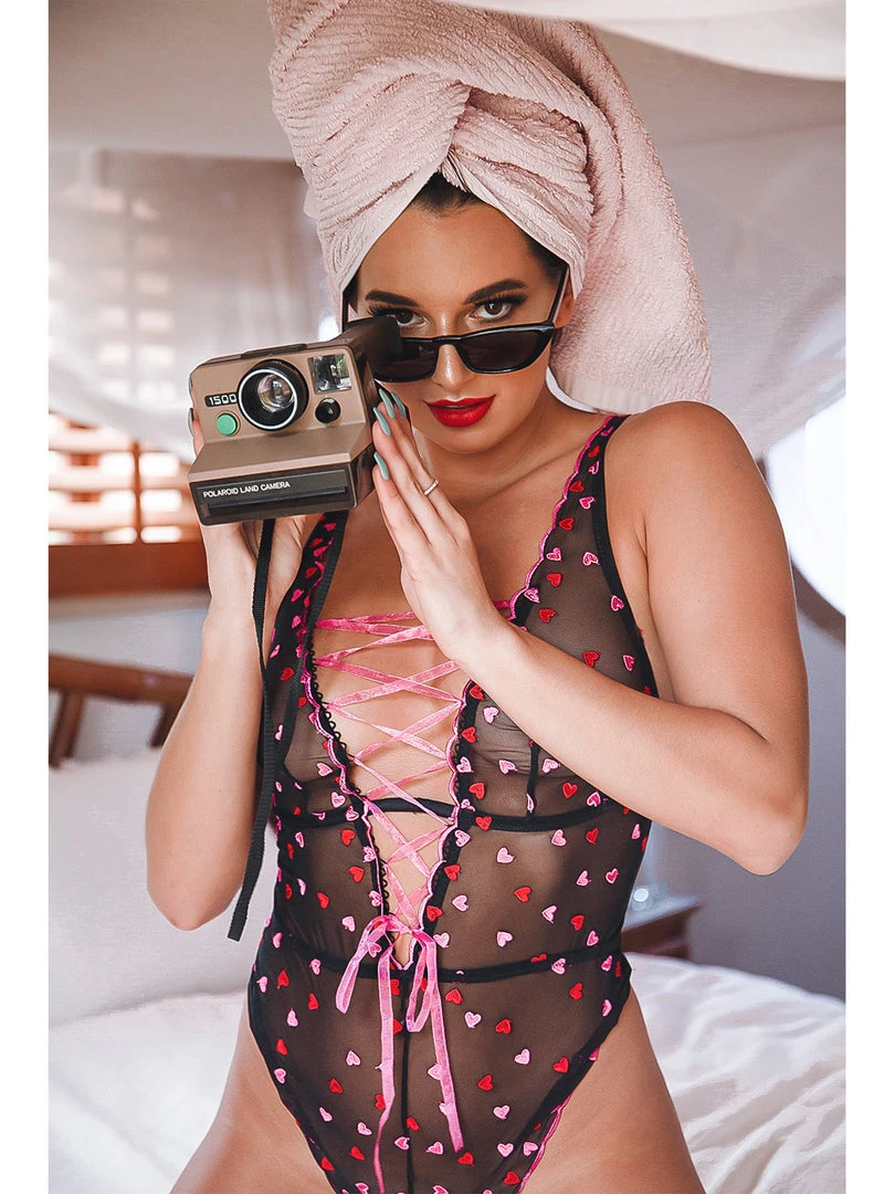 Dreamgirl Pretty Love Pink And Red Heart Embroidery Stretch Mesh Bodysuit 1 Dreamgirl Pretty Love Pink And Red Heart Embroidery Stretch Mesh Bodysuit