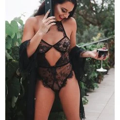 Leg Avenue Irresistible Force Eyelash Lace Keyhole Halter Bodysuit Lingerie