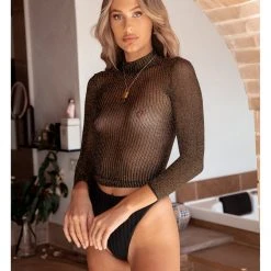 Leg Avenue Showstopper Shimmer Gold Black Lurex Long Sleeved High Neck Lingerie Top