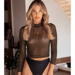 Leg Avenue Showstopper Shimmer Gold Black Lurex Long Sleeved High Neck Lingerie Top