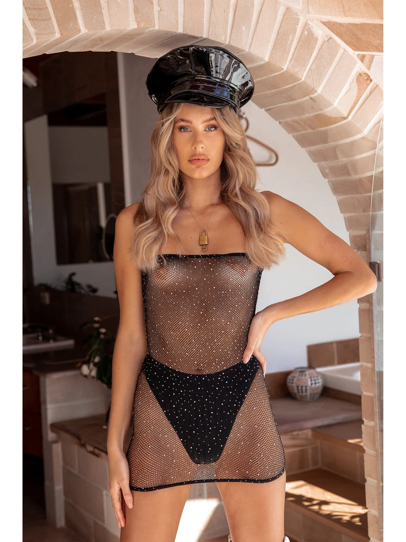 Leg Avenue Club Lights Black Crystalised Fishnet Convertible Tube Dress