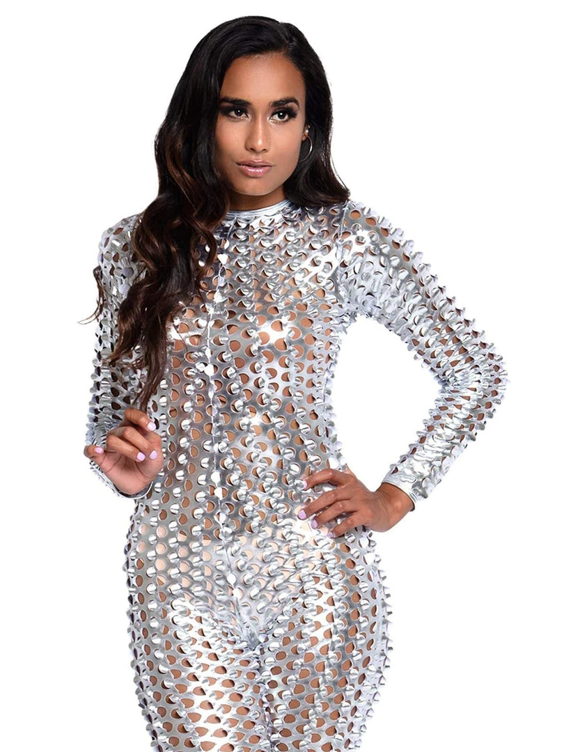 Leg Avenue Cyber Girl Laser Cut Silver Metallic Catsuit 4 Leg Avenue Cyber Girl Laser Cut Silver Metallic Catsuit