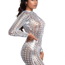 Leg Avenue Cyber Girl Laser Cut Silver Metallic Catsuit