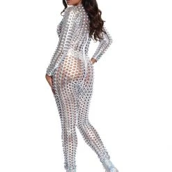 Leg Avenue Cyber Girl Laser Cut Silver Metallic Catsuit 14 Leg Avenue Cyber Girl Laser Cut Silver Metallic Catsuit