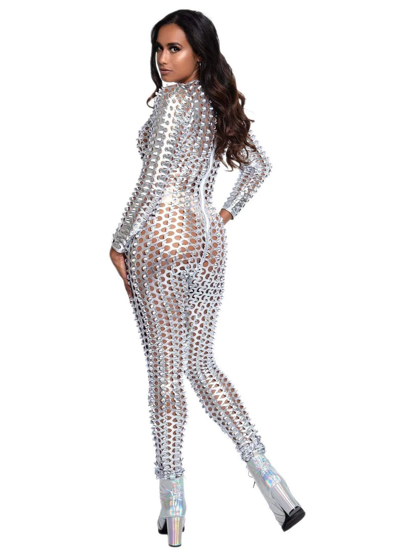 Leg Avenue Cyber Girl Laser Cut Silver Metallic Catsuit 6 Leg Avenue Cyber Girl Laser Cut Silver Metallic Catsuit