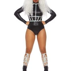 Leg Avenue Black Wetlook Lame Zip Front Bodysuit Costumes