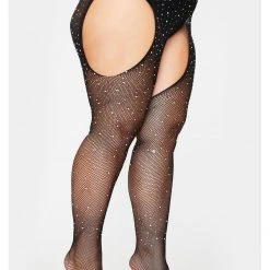 Leg Avenue Plus Size Black Crystalized Rhinestone Fishnet Suspender Pantyhose