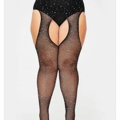 Leg Avenue Plus Size Black Crystalized Rhinestone Fishnet Suspender Pantyhose