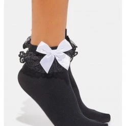 Shop Fortune Costumes Lingerie Gothic Lolita Black Ruffle Ankle Socks With White Bow