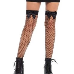 Leg Avenue Hosiery Womens Large Diamond Fishnet Thigh High Stockings With Lace Top & Black Satin Bow
