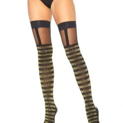 Leg Avenue Gold And Black Shimmer Striped Thigh Highs