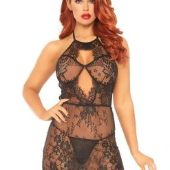 Leg Avenue Slay It Again Eyelash Lace Keyhole Halter Lingerie Dress