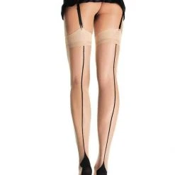 Leg Avenue Sheer Nude Thigh High Stockings With Black Cuban Heel Backseam Hosiery